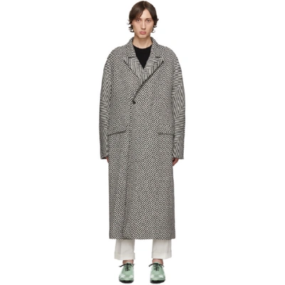 Shop Haider Ackermann Black And White Ankle Length Oversized Coat In Chablkwht