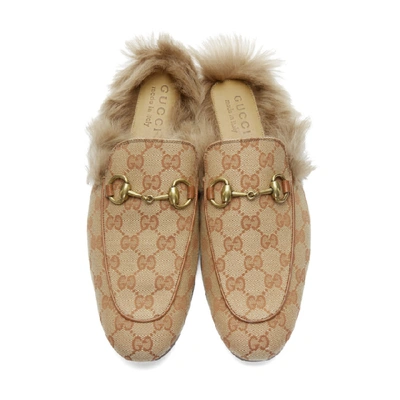Shop Gucci Beige & Brown Canvas Gg Princetown Loafers
