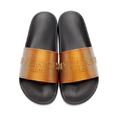 Shop Givenchy Orange And Black Iridescent Flat Pool Slides