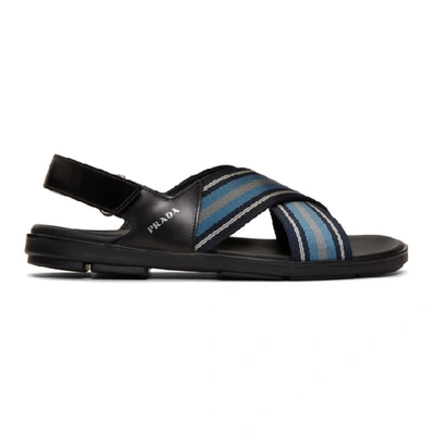 Shop Prada Black & Blue Ribbon Stripes Ankle Sandals In Black/oltremare