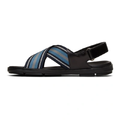 Shop Prada Black & Blue Ribbon Stripes Ankle Sandals In Black/oltremare