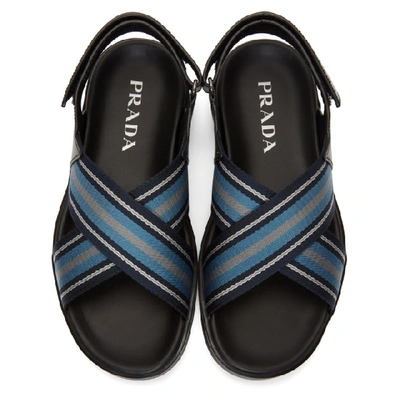 Shop Prada Black & Blue Ribbon Stripes Ankle Sandals In Black/oltremare