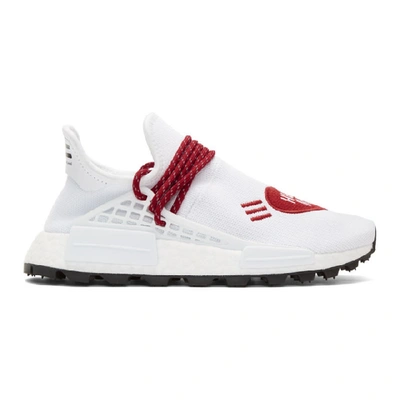 Shop Adidas Originals By Pharrell Williams Adidas Originals X Pharrell Williams White And Red Human Made Edition Hu Nmd Sneakers In Whtscrltblk