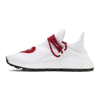 Shop Adidas Originals By Pharrell Williams Adidas Originals X Pharrell Williams White And Red Human Made Edition Hu Nmd Sneakers In Whtscrltblk