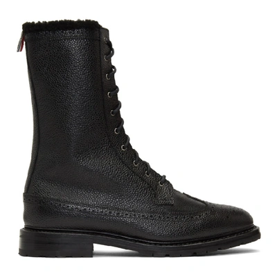 Shop Thom Browne Black Shearling Longwing Commando Boots In Black Supplier Textile: Pebble Grain