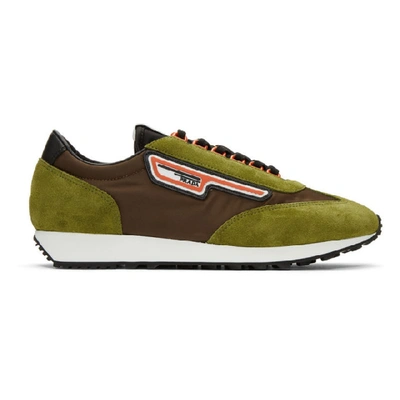 Shop Prada Green & Brown Suede Sneakers