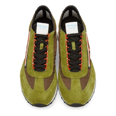 Shop Prada Green & Brown Suede Sneakers