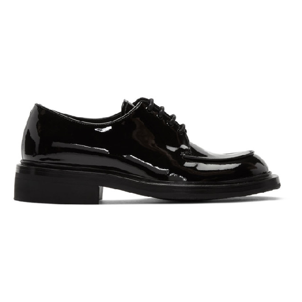 Prada Square Toe Patent Leather Derby Shoes In Black Modesens