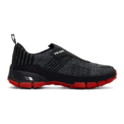 Shop Prada Black & Grey Knit Muline Sneakers In Black/red