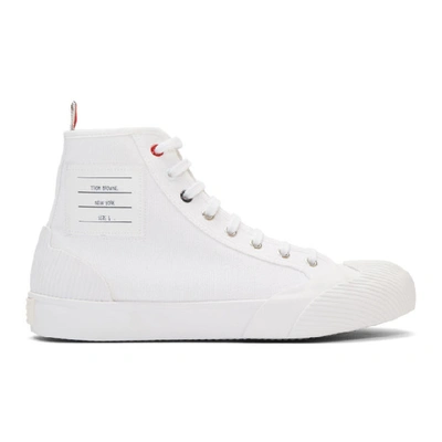 Shop Thom Browne White Vulcanized 4-bar High-top Sneakers In 100 White