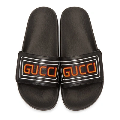 Shop Gucci Black Leather Logo Slides In 1000 Nero