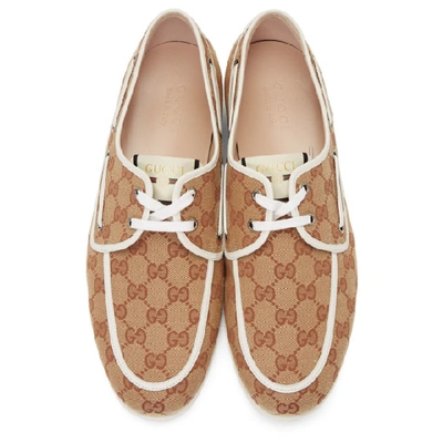 Shop Gucci Brown And White Canvas Gg Boat Shoes In 8368 Beige