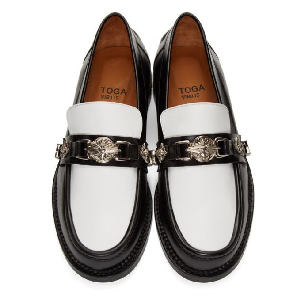 Toga Virilis Contrast-vamp Buckle Leather Loafers In Black/white | ModeSens