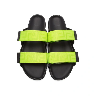 Shop Versace Yellow & Black Greek Key Sandals In Highlighter/black