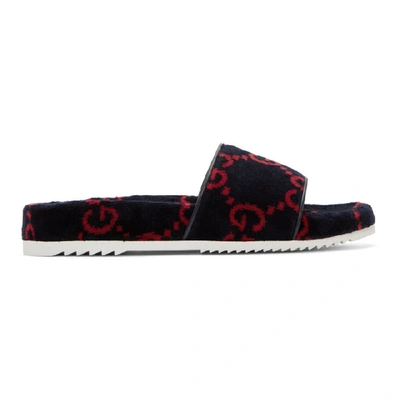Shop Gucci Navy & Red Terrycloth Gg Sandals In Blue/red