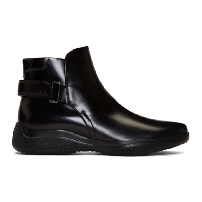 Shop Prada Black Brushed Leather Ankle Boots In Nero