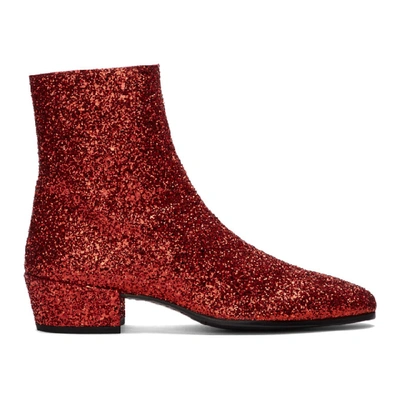 Shop Saint Laurent Red Glitter Caleb Zippered Boots