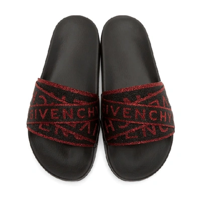 Shop Givenchy Black And Red Glitter Flat Pool Slides In 009 Blkred