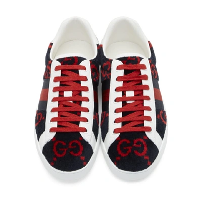 Shop Gucci Navy & Red Velvet Gg Sneakers In Navy/red