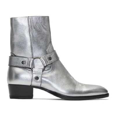 Shop Saint Laurent Silver Wyatt Harness Boots In 8163 Silvbl