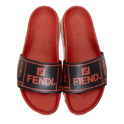 Shop Fendi Black And Red Logo Slides In F08e6.red