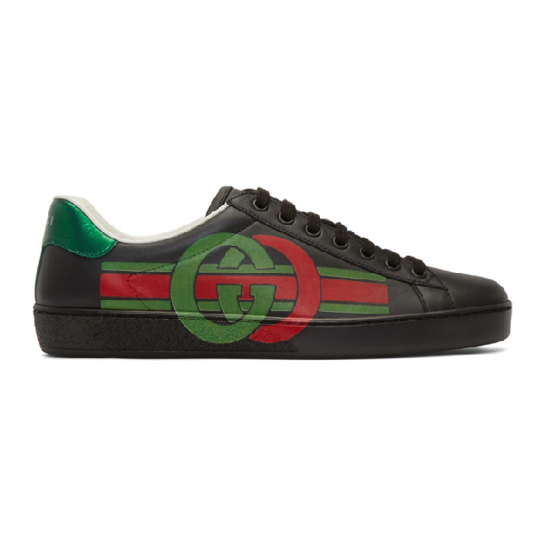 Gucci Black Interlocking G New Ace Sneakers In Black/red Flame/green |  ModeSens