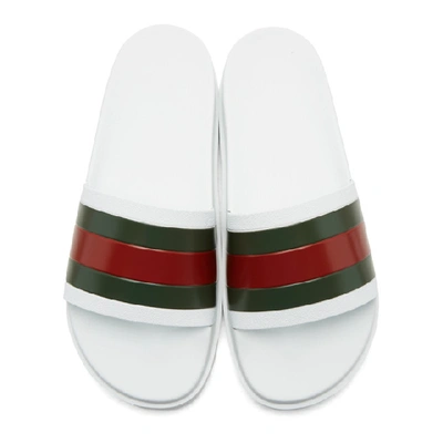 Shop Gucci White Striped Pursuit Trek Slides