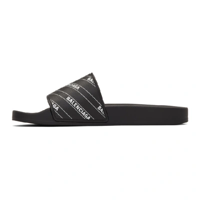 Shop Balenciaga Black & White Stripe Logo Piscine Slides