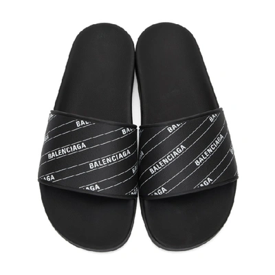 Shop Balenciaga Black & White Stripe Logo Piscine Slides