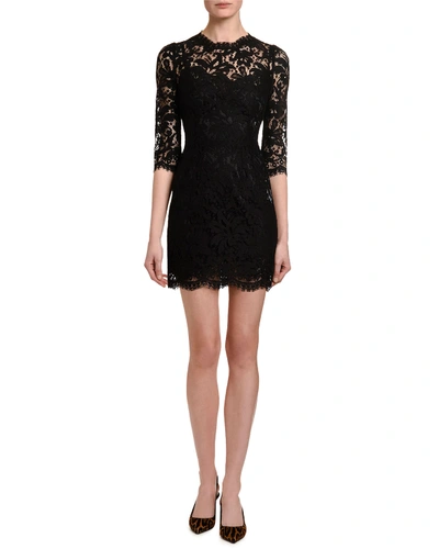 Shop Dolce & Gabbana 3/4-sleeve Heavy Lace Dress In Black