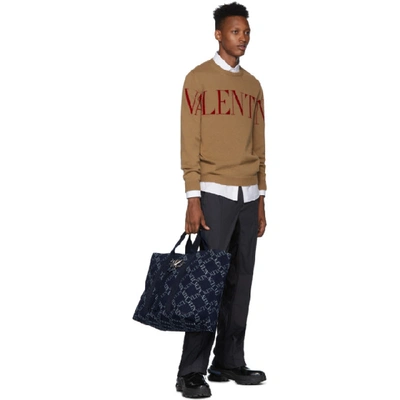 Shop Valentino Blue  Garavani Denim 'vltn' Grid Vring Tote