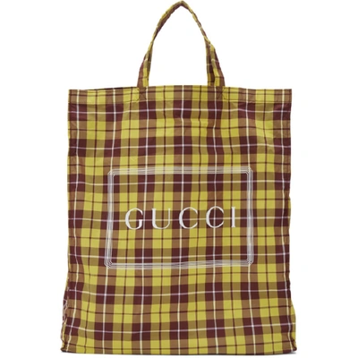 Shop Gucci Yellow And Burgundy Medium Check Tote In 9077 Yellow