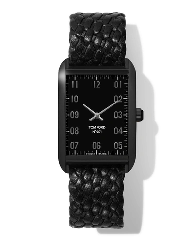 Shop Tom Ford N.001 44mm X 30mm Rectangular Woven Leather Watch In Black