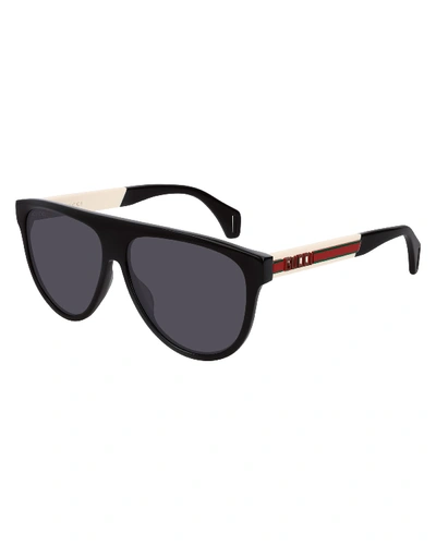 Shop Gucci Men's Nylon Flat-top Rounded Sunglasses In Black