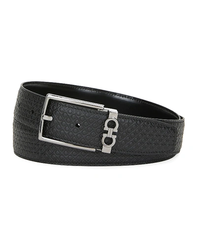 Shop Ferragamo Men's Gancini-embossed Leather Belt In Black