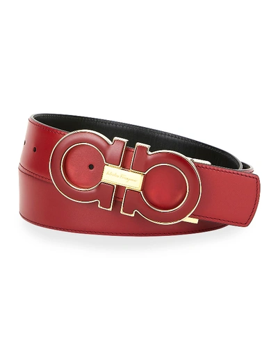 Shop Ferragamo Men's Oversized Reversible Gancini Belt In Red