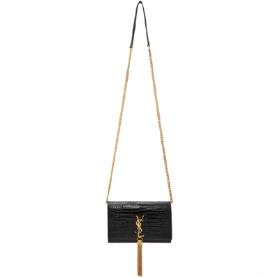 Shop Saint Laurent Black Croc Kate Tassel Chain Wallet Bag