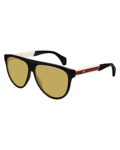 Shop Gucci Men's Nylon Flat-top Rounded Sunglasses In Black