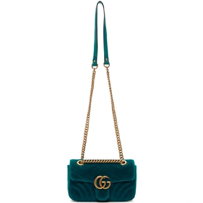 Shop Gucci Blue Mini Velvet Marmont 2.0 Bag In 4462 Pavone