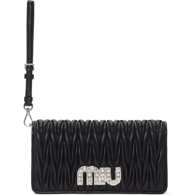 Shop Miu Miu Black Quilted Logo Pearl Bag