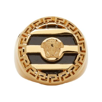Shop Versace Gold And Black 3d Greek Key Medusa Ring In D410 Gold