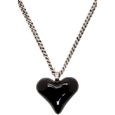 Shop Saint Laurent Silver And Black Heart Charm Necklace In 8110 Silblk