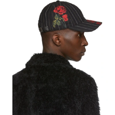 Shop Alexander Mcqueen Black Rose Pinstripe Cap In Black/red