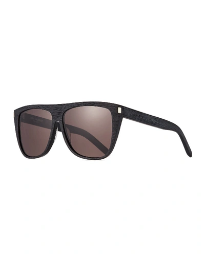 Shop Saint Laurent Men's Black-pattern Rectangle Acetate Sunglasses In Black Pattern