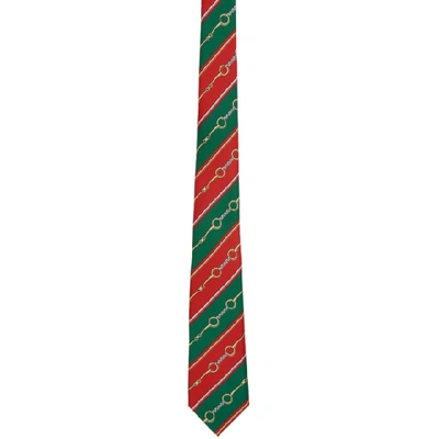 GUCCI 绿色 AND 红色丝绸链条印花领带