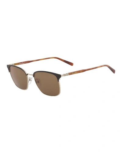 Shop Ferragamo Men's Timeless Half-rim Sunglasses In Black/gold