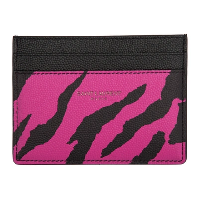 Shop Saint Laurent Pink And Black Zebra Logo Card Holder In 5563 Fuxian