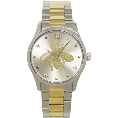 Shop Gucci Silver & Gold G-timeless Bee Watch In Silver/gold