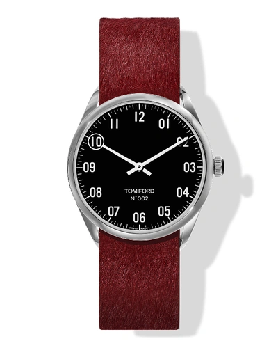 Shop Tom Ford N.002 38mm Round Calf-hair Leather Watch In Black/red