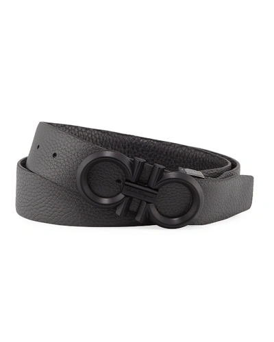 Shop Ferragamo Men's Reversible Textured Leather Belt With Beveled Gancini Buckle In Black